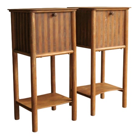 Striped Oak Bedside Tables, Set of 2 For Sale