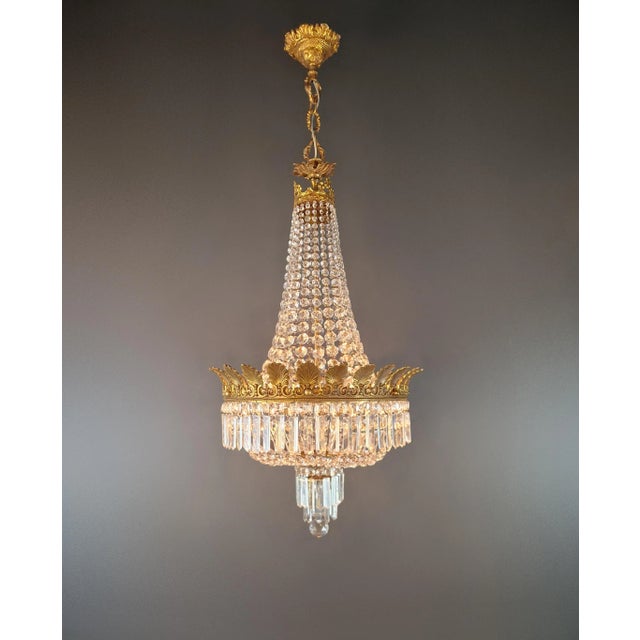 Antique Art Nouveau Low Oval Plafonnier Crystal Chandelier Brass For Sale - Image 4 of 15