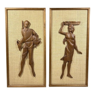 1960s Large 24” Mid-Century Modern Hand-Carved Teak & Burlap Wall Art – Set of 2 For Sale