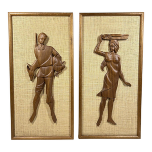 1960s Large 24” Mid-Century Modern Hand-Carved Teak & Burlap Wall Art – Set of 2