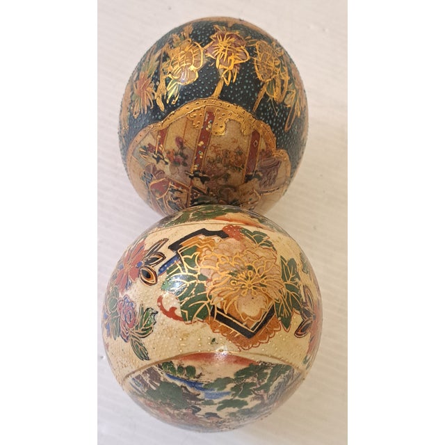 Vintage Pair Chinese Satsuma‑Style Hand‑Painted Porcelain Eggs 5" For Sale - Image 10 of 10