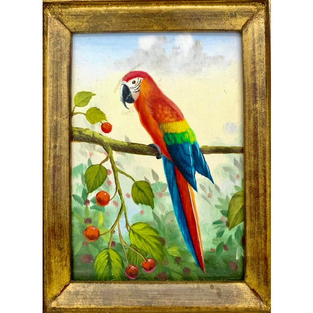 The product is a vintage painting of a Parrot, specifically a Red Macaw, with a golden frame. It is intended for home...