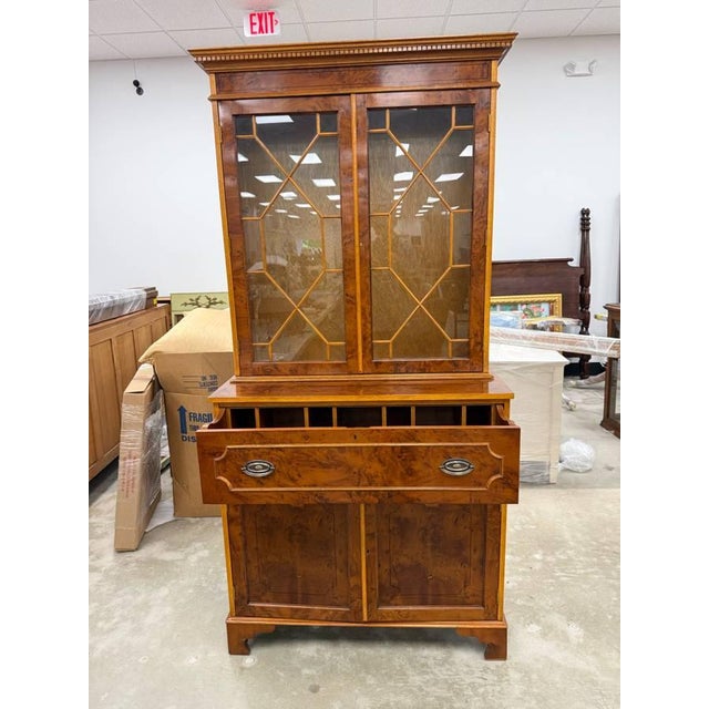 Vintage Geogre II Styl Bured Wood Yew Wood 2 Part Bookcase and Secretary Desk For Sale - Image 11 of 11