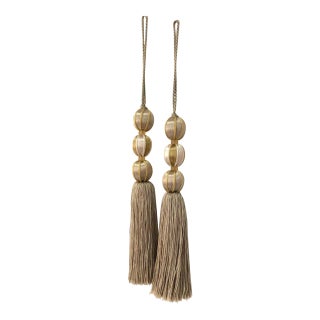 Pair of Beaded Satin Key Tassels in Natural Mineral Colors- H 7.5 Inches For Sale