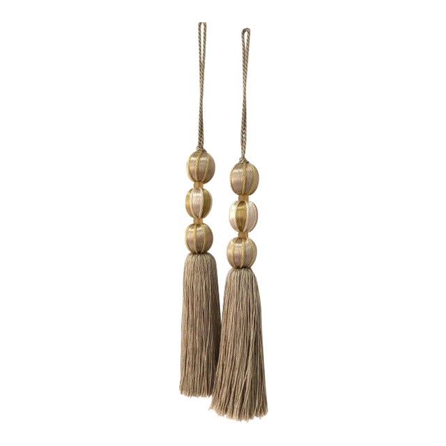 Pair of Beaded Satin Key Tassels in Natural Mineral Colors- H 7.5 Inches For Sale
