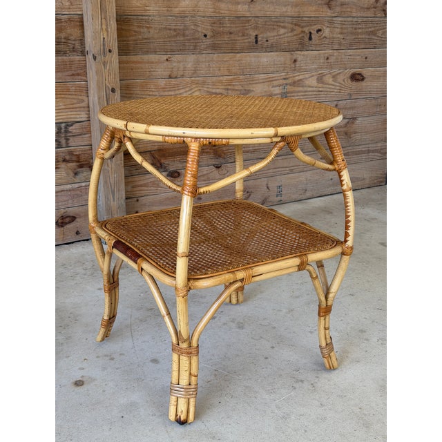 Vintage Coastal Rattan & Cane Two-Tier Side Table For Sale - Image 10 of 12