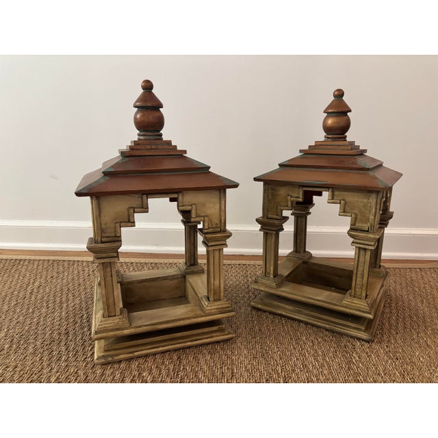Vintage Asian-Inspired Pagoda Lantern Stands With Distressed Finish and Faux Verdi Gris Copper Roofs, a Pair For Sale - Image 11 of 11