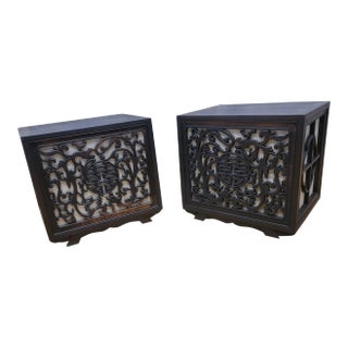 Vintage Chinese Carved Decorative Elm Side Tables With Light - Pair For Sale