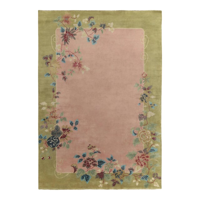 Rug & Kilim Chinese Style Art Deco Rug in Pink, Green Border & Floral Patterns - 4'x6' For Sale