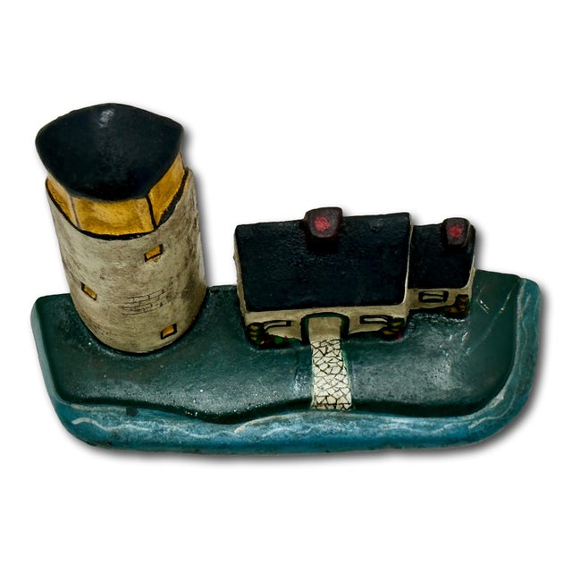 Canary Yellow Excellent Antique American Cast Iron New England Cape Cod Lighthouse & Salt Box Cottage Doorstop Circa 1920s For Sale - Image 8 of 18