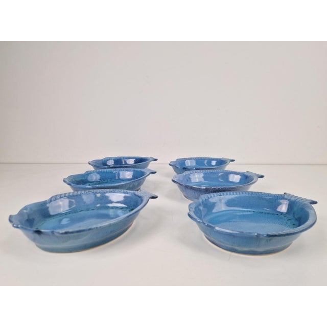 Beautiful set of 6 ceramic fish plates, Aimé de Grimaud, blue, beautiful glaze ´70 A beautiful set of six ceramic plates...