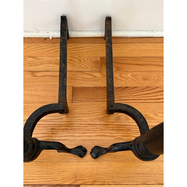 Vintage American Midcentury Cast-Iron and Brass Cannonball Andirons For Sale - Image 9 of 10