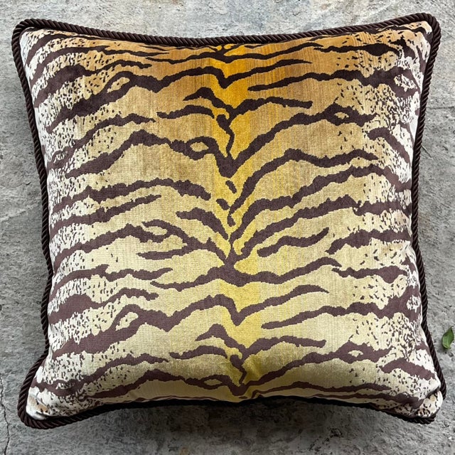 A fabulous vintage Boho throw pillow. Done in the manner of the iconic “Le Tigre” from Scalamandre. Both sides with the...
