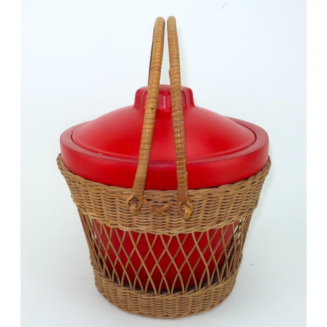 Mid-Century Modern b.f. Goodrich N'icer Red Ice Bucket With Wicker Basket Carrier, 1950's For Sale - Image 3 of 13