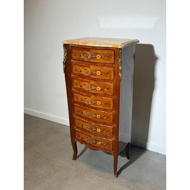 Metal Tall French Louis XV Marquetry Chest of Drawers with Marble Top For Sale - Image 7 of 7