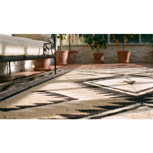 1920s Beige Medallion Tribal Antique American Navajo Carpet 4'2" X 5'10" Flatweave Wool Rug For Sale - Image 11 of 12