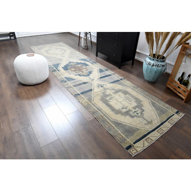 1970s Vintage Turkish Handmade Wool Cotton Green Runner Rug For Sale - Image 4 of 11