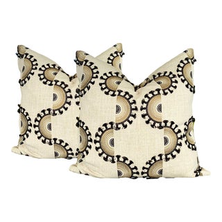 Linen Toned Embroidered Pillows - a Pair For Sale