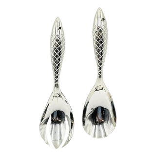 1980s Emilia Castillo for Los Castillo Taxco Silver Plate Fish Salad Serving Set - a Pair For Sale