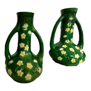 Mid-Century Chinese Export Style Green Pottery and Blossom Vases - S/2 For Sale