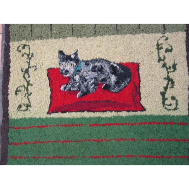 1950s Green Scene Pictorial Folk Art Antique American Hooked Rug 1'8"x 15'2" Handknotted Wool Carpet For Sale - Image 4 of 5