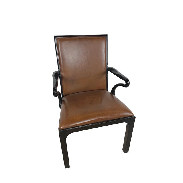 Transitional Vintage Baker Furniture Brown Leather & Ebonized Wood Armchair For Sale - Image 3 of 17