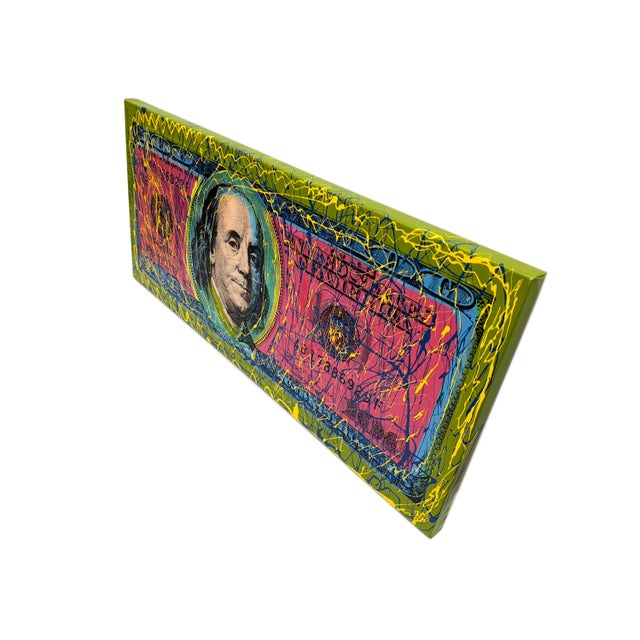 Pop Art Steve Kaufman, One Hundred Dollar Bill (Stretched Hand Signed Embellished Canvas) For Sale - Image 3 of 5