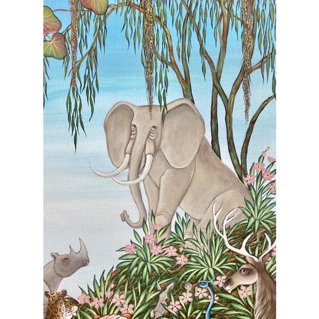 Contemporary Gustavo Novoa, Elephant and Lions, Animal Paradise Jungle Painting Surrealist Art Gustavo Novoa, 2004 For Sale - Image 3 of 7