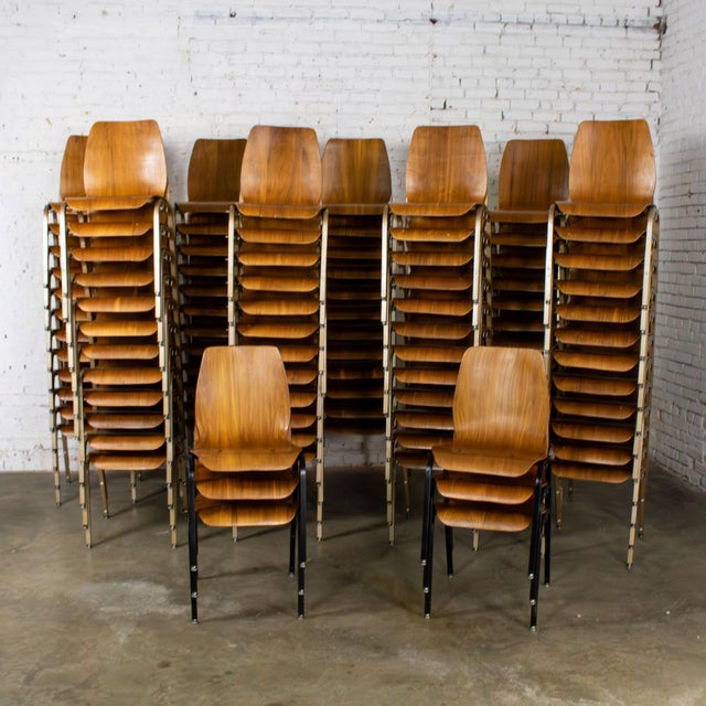 Wood Late 20th to Early 21st Century Modern Walnut Molded Plywood Chairs Stackable Connectable Restored Selling Separately For Sale - Image 7 of 18