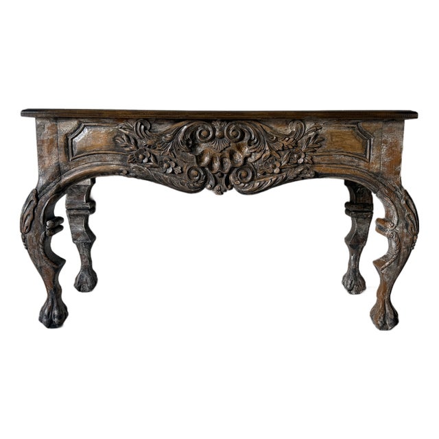 Vintage Italian Baroque Style Hand-Carved Wood Console Table With Paw Feet For Sale