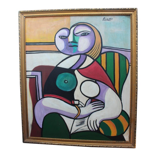 1980s Blue Picasso Female Cubist Painting, Framed For Sale