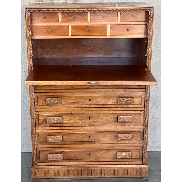 Spanish Spanish Fall-Front Secretary Desk in Carved Oak, Spain, circa 1950 For Sale - Image 3 of 18