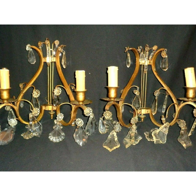 Art Deco C1920 French Art Deco Bronze W/ Cut Crystal Lyre Back Wall Sconces For Sale - Image 3 of 13