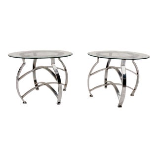 Vintage Mid Century Pair of Chrome Glass Top Side Tables S/2 For Sale