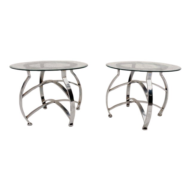 Vintage Mid Century Pair of Chrome Glass Top Side Tables S/2 For Sale