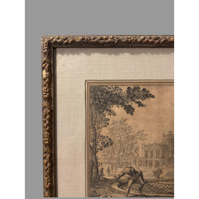 Rustic European Antique Gilt Framed Litho Book Print View of the Garden Building j.b. Fischer Von Erlach For Sale - Image 3 of 10