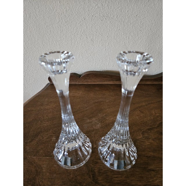 Lovely pair of crystal candle holders by Mikasa Park Lane collection. Elegant, modern design with distinctive vertical...