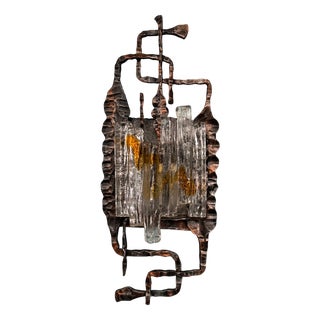 Vintage Brutalist Italian Metal and Glass Sconce Wall Lamp, 1960s For Sale