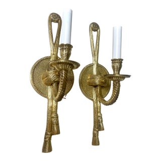 Pair Gilt Brass Tole Rope & Tassel Wall Sconces For Sale