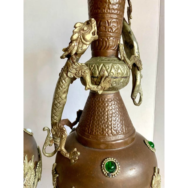 Copper Pair of Antique Asian Tibetan Copper Brass Dragon Vases For Sale - Image 8 of 12