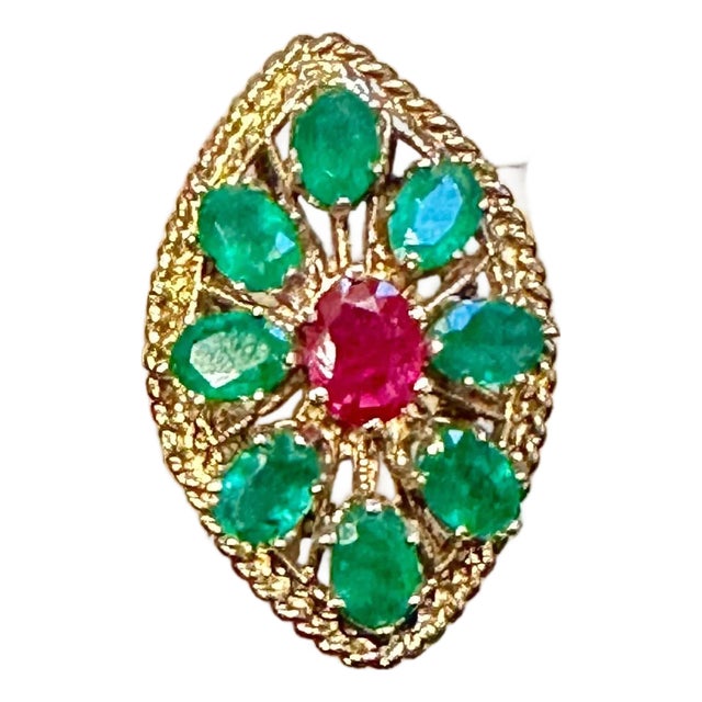 2 Ct Natural Emerald, 1 Oval Ruby Cocktail Marquise Shape Ring 14 Kt Yellow Gold For Sale
