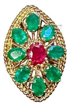 2 Ct Natural Emerald, 1 Oval Ruby Cocktail Marquise Shape Ring 14 Kt Yellow Gold