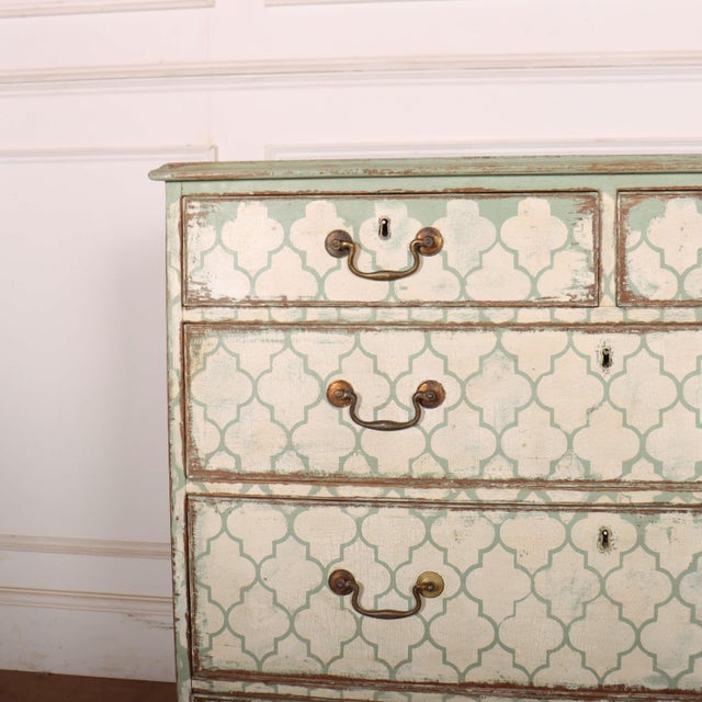 18th Century English painted and decorated oak chest of drawers. 1790. This piece is designed in the style of the selected...