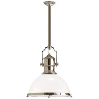 Chapman & Myers for Visual Comfort Signature Country Industrial Large Pendant in Polished Nickel with White Glass Shade For Sale