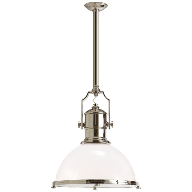 Chapman & Myers for Visual Comfort Signature Country Industrial Large Pendant in Polished Nickel with White Glass Shade For Sale