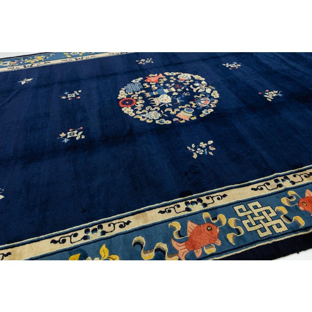 Antique Chinese Art Deco Rug in Deep Blue With Medallion & Botanical Motifs For Sale - Image 9 of 13