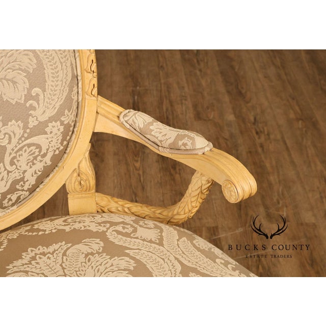 Louis XVI Style Pair Of Painted Oval Back Armchairs With Upholstered Seats For Sale - Image 16 of 18