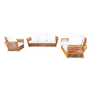 1990s Deco Style "Presidents" Stick Reed Rattan Nantucket Sofa/Lounge Living Room Set For Sale