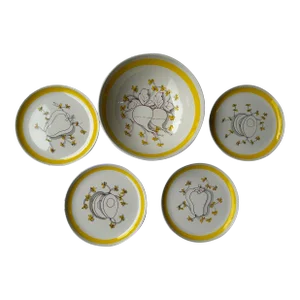 Vintage Italian 1960’s Yellow & White Pottery Salad Bowl With 4 Plates by Mancioli