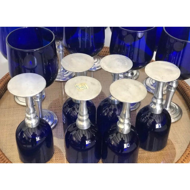 Los Castillo Style Hand-Blown Cobalt Blue Glassware With Pewter Stems Set- 37 Pieces For Sale - Image 10 of 10
